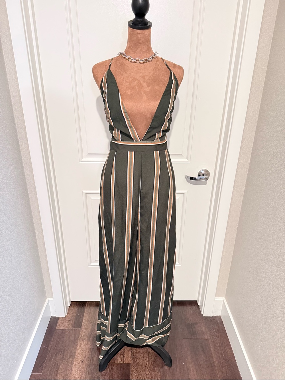 Hommage Los Angeles Striped Wide Leg Jumpsuit Deep V Olive Green Boho L